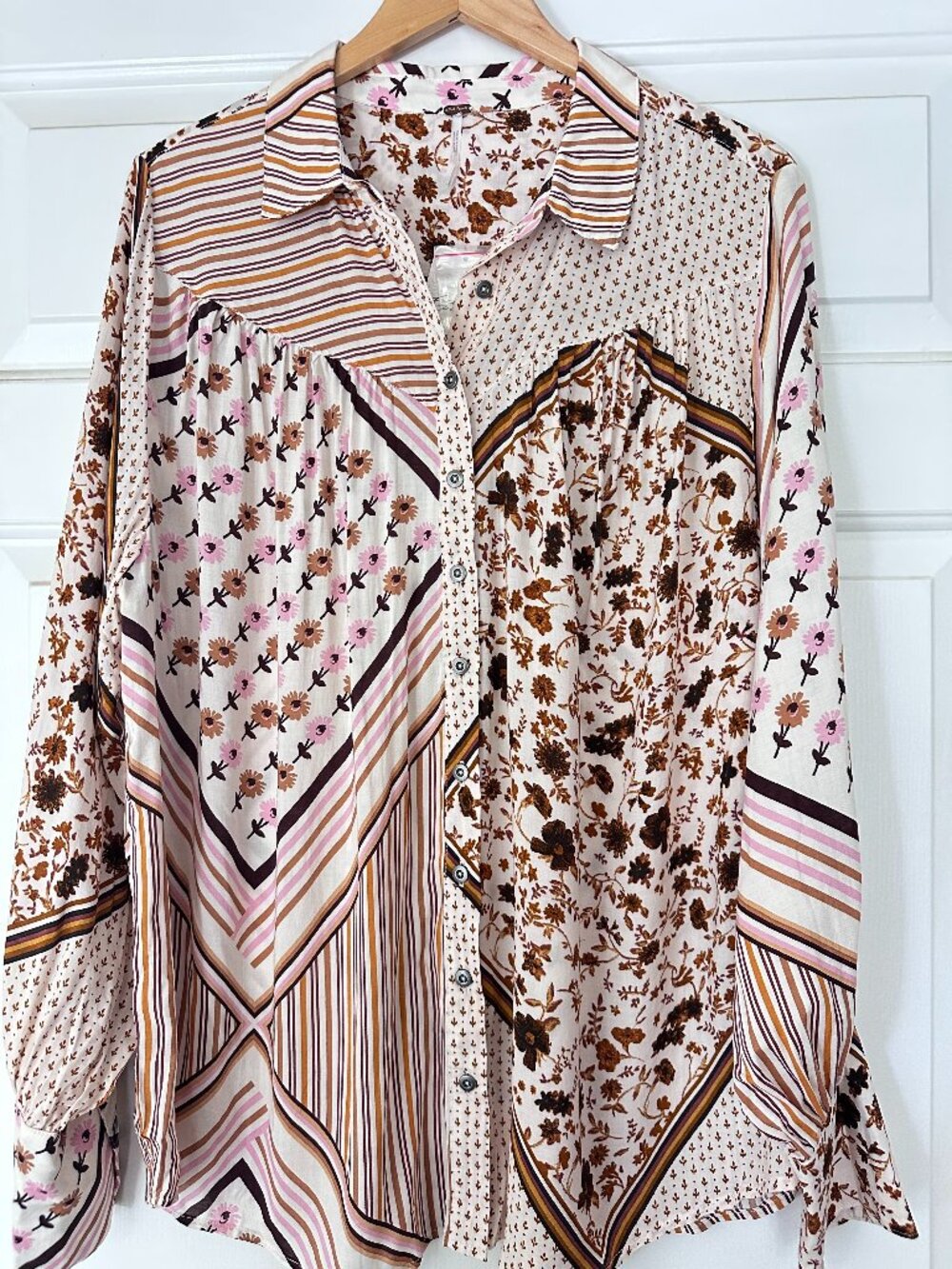 Free People Hazel Floral Stripe Button-Up Blouse Size L Boho Mixed Print (NWT)